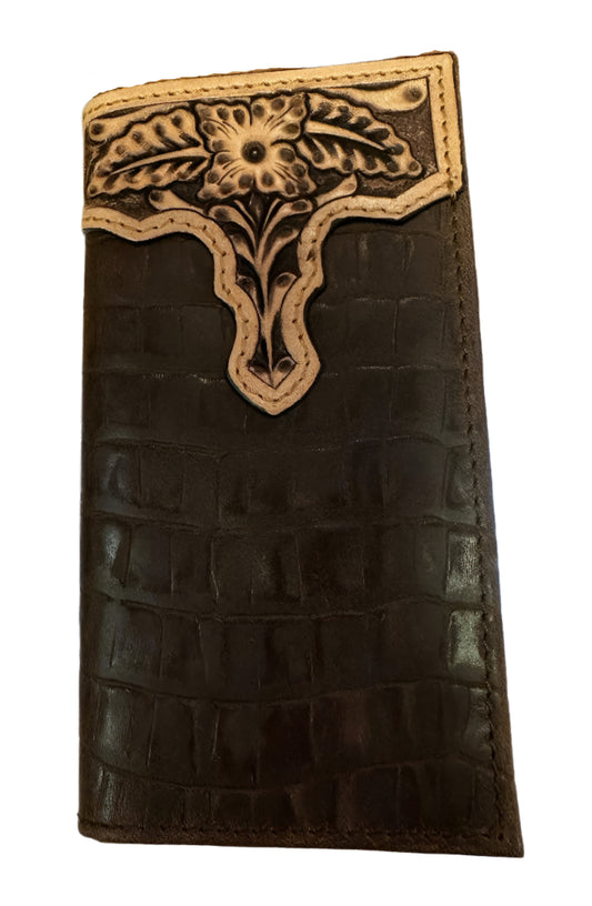 Challenger Brown Gator Antique Floral Tooled Leather Rodeo Wallet