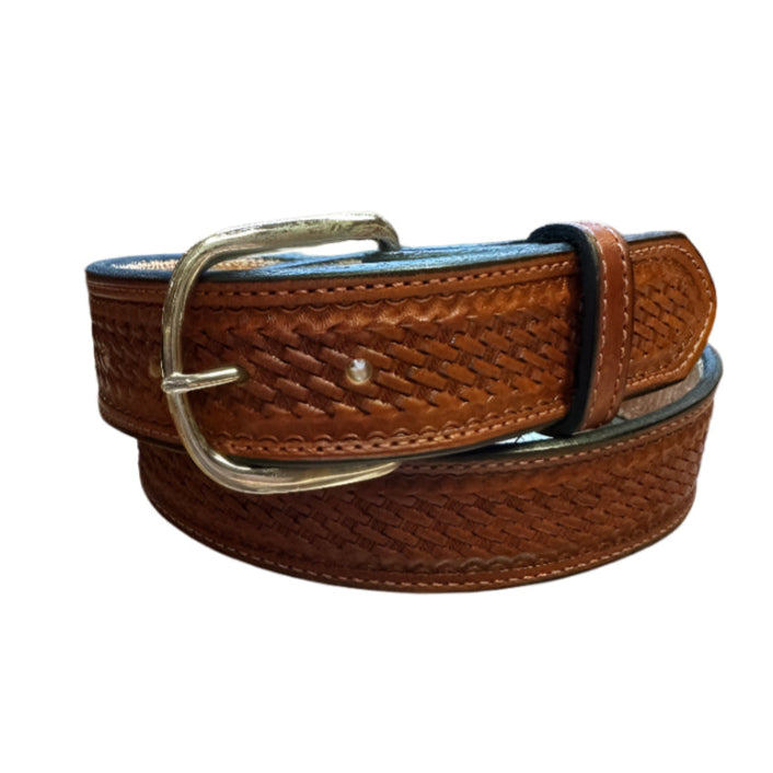 Visalia Medium Brown Small Basket Weave Patterned Belt 1 1/2"