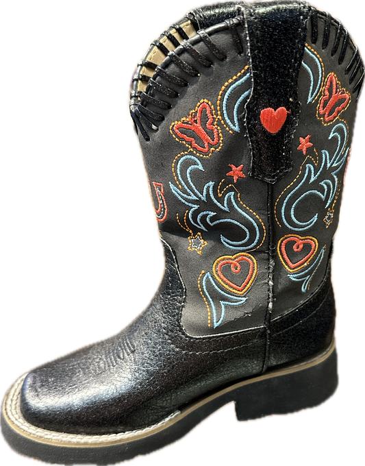 Roper Girl's Black Sparkles Boots with Orange & Blue Stitching