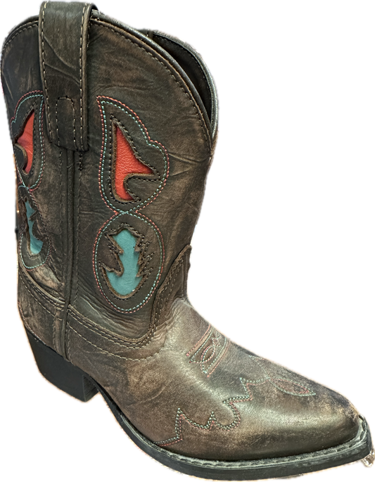 Smoky Mountain Girl's Brown Leather Snip Toe Boots with Red & Blue Inlay