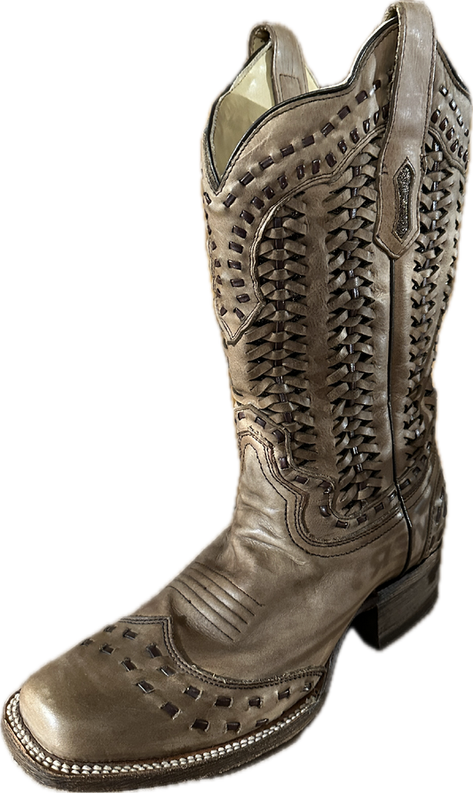 Corral Women's Square Toe Buck Stitch Toe & Top with Basket Weave on Shaft Boots