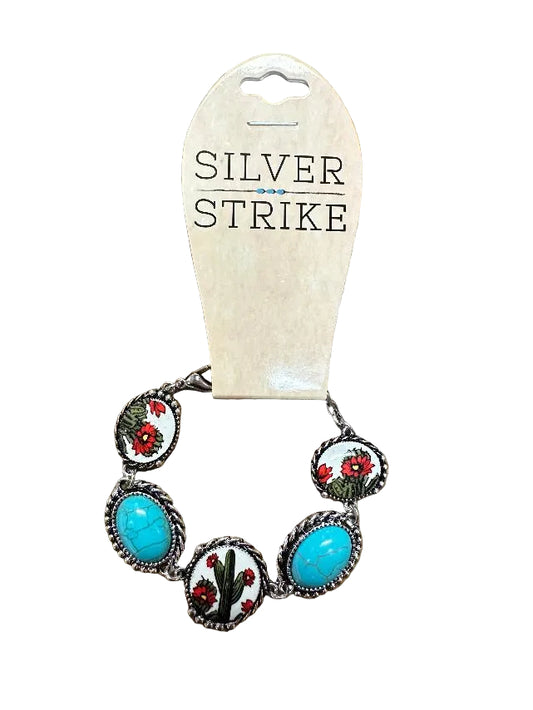 Silver Strike Bracelet with Cactus and Turquoise Stones
