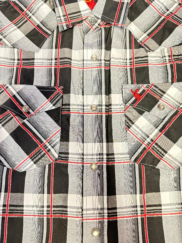 Rodeo Clothing Men's Short Sleeve Shirt - Grey, Black and Red Plaid