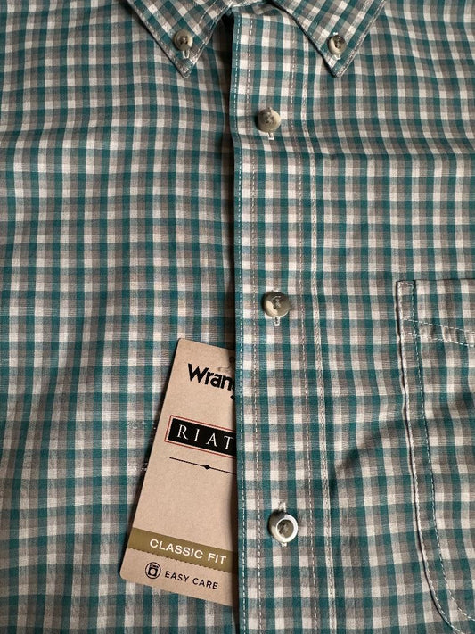Wrangler Men's Long Sleeve Riata Classic Fit Shirt - Teal, Grey & White Plaid