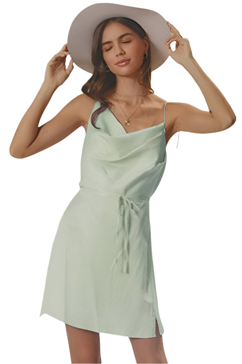 Endless Blu Solid Satin Asymmetrical Mini Dress - Limeade