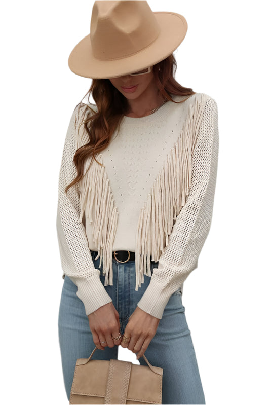 Unishe Women's Sweater - Hollow Out Sleeve Tassel Knit Sweater Cream