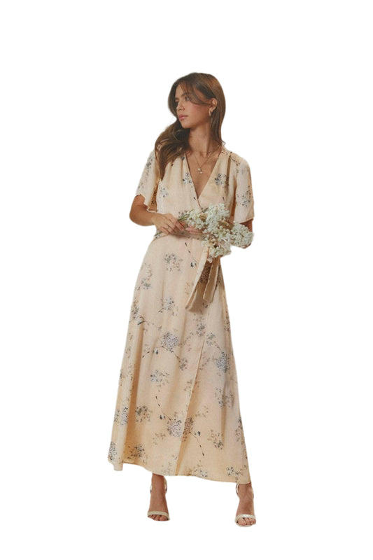 Endless Blu Floral Printed Satin Wrap Maxi Dress -  Blush