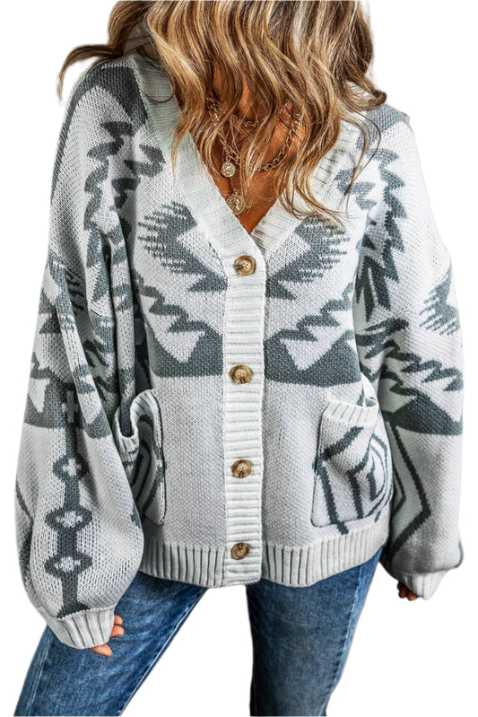 Full Time Purchase Women's Sweater - Grey Geometric Pattern Ribbed Trim Button-Up Cardigan