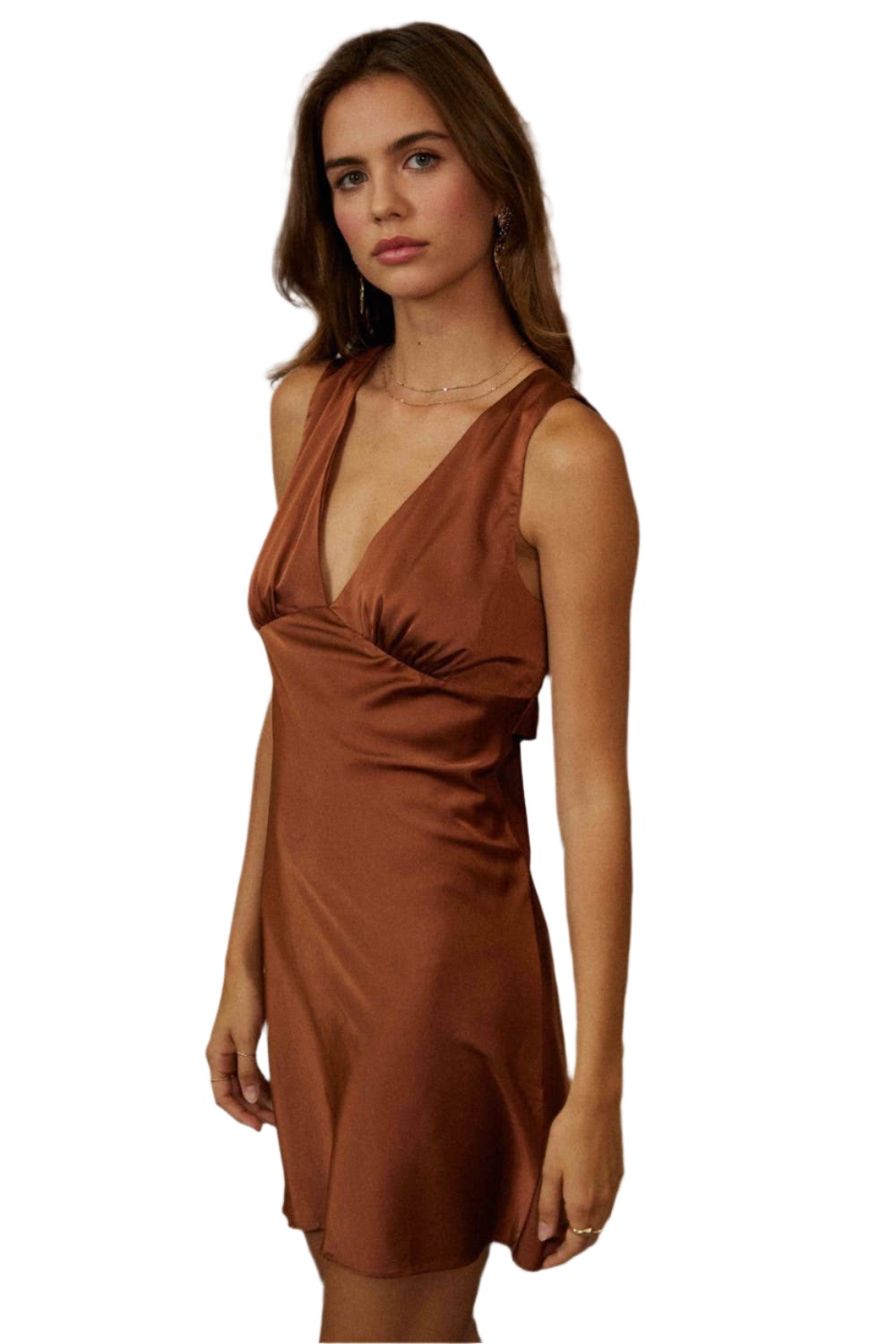 Endless Blu V Neck Sleeveless Satin Dress - Root Beer