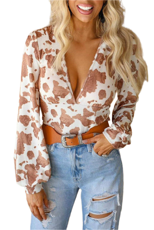 Full Time Purchase Women's Shirt - White Cow Print Deep V Neck Long Sleeve Bodysuit